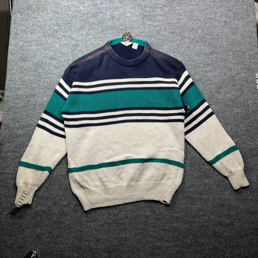 American Weekend Sweater Men's Large Navy Teal White Knit Crewneck Pullover